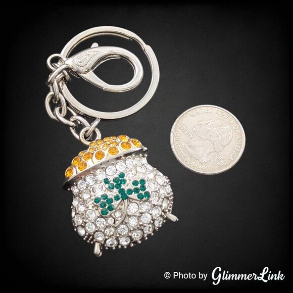 Irish Pot of Gold Shamrock Crystal Silver Tone Key Chain - Picture 4 of 8